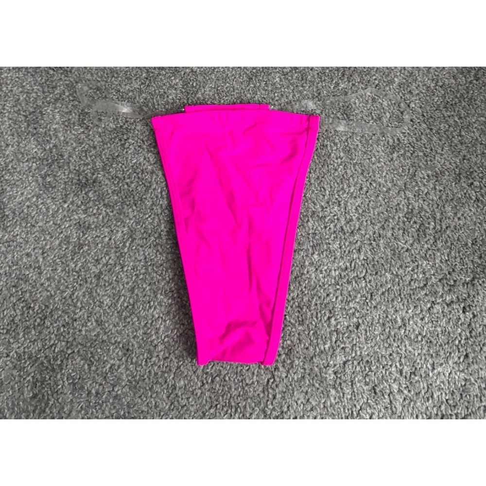 Neon Pink Bikini Swimsuit Bottoms Clear Side Straps Large Cheeky High Cut